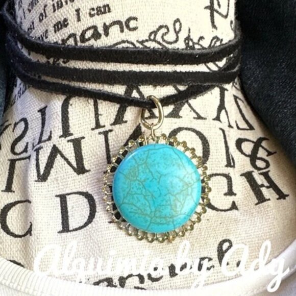 Alquimia Jewelry - Big maxi turquoise medallion natural suede leather rope choker necklace